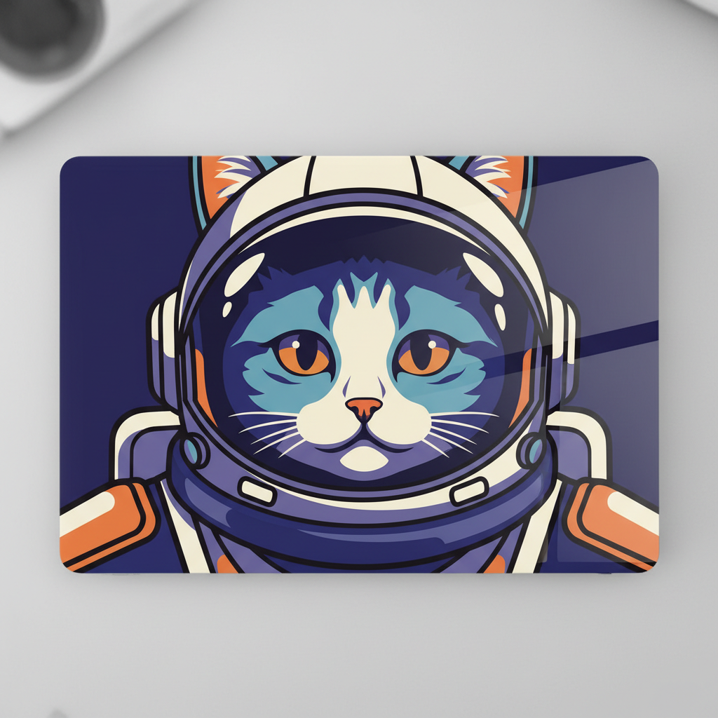 A glossy laptop skin printed with a bold flat-colour illustration of a cat in an astronaut helmet, drawn in thick outlines on a deep purple ground, with the character centred on the lid and a band of plain purple left around it