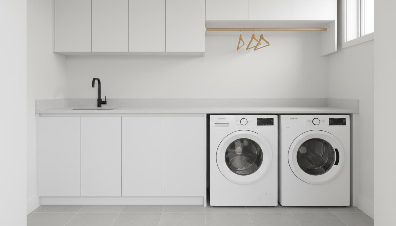 AI laundry room design generator result: a modern white laundry room with two front loading machines side by side under a continuous pale quartz folding worktop, handleless wall cabinets above, a hanging rail with wooden hangers and a shallow undermount sink at the far end. The restraint is the appeal, and the joinery is convincing down to the shadow gaps between the cabinet fronts. Two things give it away. The machines sit in a dark recess with a black void above and between them where a real installation has a worktop bearing on a carcass, and the wall behind them is bare plaster with no standpipe, no valve box, no socket and no duct. The sink is a shallow rectangular tray pressed into the worktop with no plughole in it, and the tap stands behind the sink rather than over it. Both control panels carry rows of illegible pseudo-lettering despite the prompt asking for none.