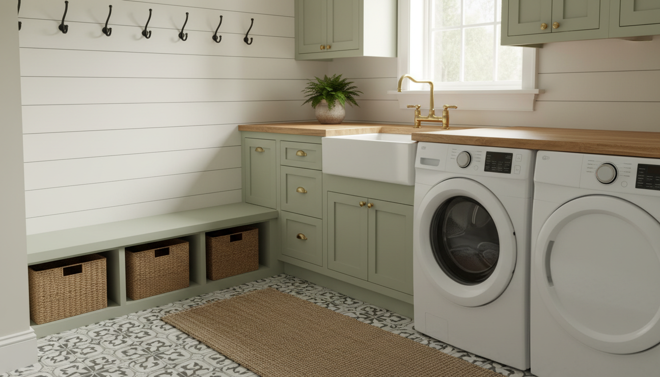 AI laundry room design generator result: a farmhouse mudroom and laundry room combined, with sage green shaker cabinets, brass cup pulls, a butcher block worktop, an apron front fireclay sink, a bench with woven baskets under black iron hooks on shiplap, and patterned encaustic tile under a jute runner. As a mood board it is close to perfect. As a plan it has three faults, and the tap is the worst of them: the brass bridge tap stands on the butcher block a good foot to the right of the sink, pointing at the worktop and the washing machine rather than into the bowl. The bowl itself has no plughole and no tap hole. A top loading machine was asked for and two front loaders arrived instead, the right hand one with a solid white disc for a door, no glass, no handle and no hinge. The wooden worktop then runs straight over the left machine and stops dead against it.
