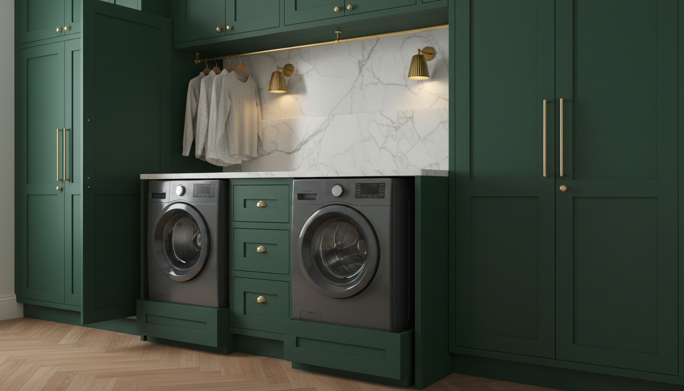 AI laundry room design generator result: a luxury dark utility room in deep forest green inset cabinetry with brushed brass hardware, a honed marble folding worktop and backsplash, brass wall lights, laundered shirts on a rail and a herringbone oak floor. The materials are the best in the set and the lighting is genuinely sellable. The layout is not. Two machines were asked for side by side on matching pedestals and instead a bank of three drawers has been parked between them, so they are not side by side at all, and they are visibly different sizes sitting at different heights with the marble stepping to keep up. The pedestals are false plinths that stop short of the appliances rather than carrying them, leaving the right hand machine overhanging its base on both sides. The brass drying rod changes height partway along its run and crosses in front of the wall lights, and the shirts hang above the worktop from a rail that is fixed at one end into a cabinet side.