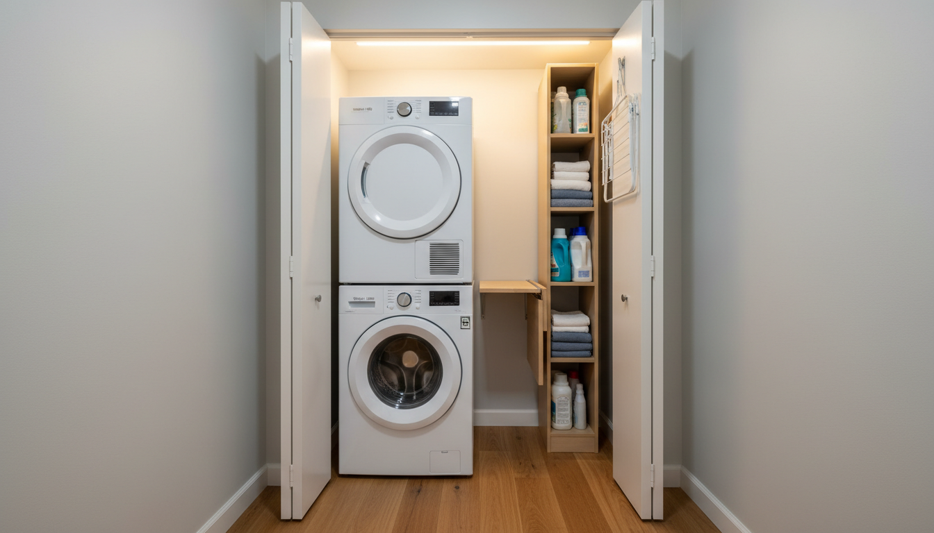 AI laundry room design generator result: a compact stacked laundry closet in a hallway recess, with a dryer stacked on a washing machine, a slim shelving column of detergent and folded towels beside it, a pull out folding shelf, warm LED strip lighting and painted doors folded open onto an oak floor. This is the most useful image of the six because it is the layout most people actually have, and it is also the one that shows the ventilation problem most plainly: the recess behind the stack is flat plasterboard with no duct, no standpipe and no socket anywhere, which is precisely the wall that decides whether you can have a vented dryer at all. The dryer door is a blank white disc with no glass and no handle. The bifold doors are single flat slabs hinged at the outer edge, swinging across the hallway rather than folding. The folding shelf projects from the side of the shelving column into mid-air, and the wire drying rack hangs off the door edge with a faint transparent duplicate of itself behind it.