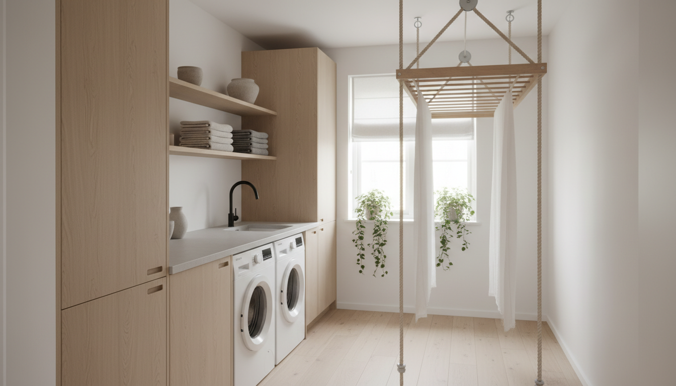 AI laundry room design generator result: a bright Scandinavian utility room in light oak slab fronts with a pale composite worktop, open shelves of folded towels, a matte black tap, a broom cupboard, trailing plants at the window and a ceiling mounted drying rack on pulleys. The palette and the diffused daylight are excellent. The airer is the problem, and it is a scale problem rather than a styling one: it hangs in the middle of the walkway directly in front of the window, wider than the window itself, and its ropes drop past it to the floor and end in mid-air instead of reaching a wall cleat. It is drawn as a flat lattice grid rather than parallel drying rails, so the linen over it drapes across the edges with nothing to hang from. The worktop again dies into the top of the left machine, both appliance tops stand proud of it, and the sink is another shallow tray without a plughole.