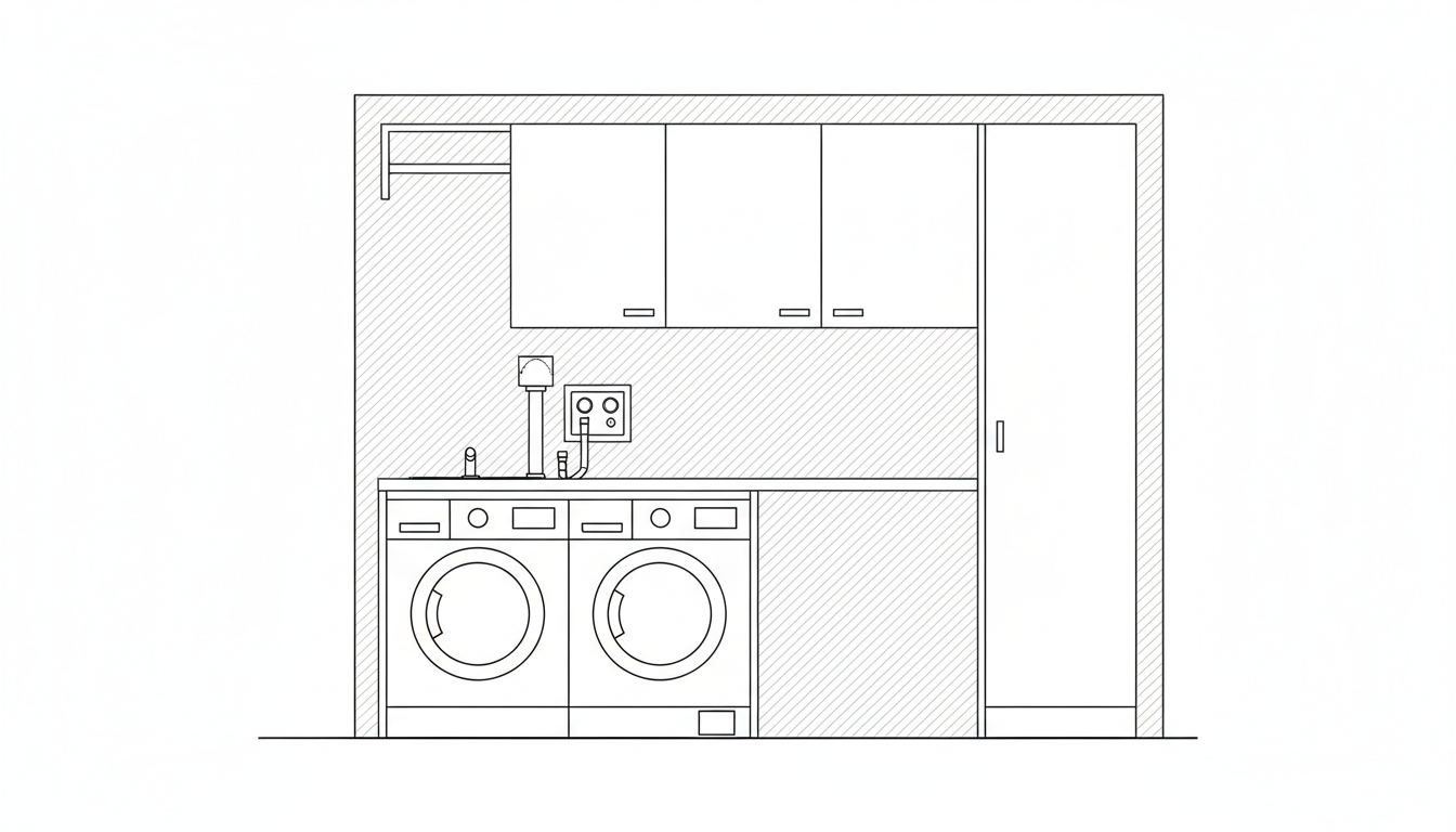 AI laundry room design generator result: a flat orthographic elevation of a laundry room wall, showing a washer and dryer under a continuous worktop, a run of wall cabinets, a hanging rail, a tall full height cupboard and hatching for the wall build up. It is clean, square and completely free of text, which makes it the most useful of the six to put in front of a fitter, and it is also the clearest picture of what these renders leave out. The concealed services were asked for as dashed lines behind the machines and came back drawn in solid line on the face of the wall, so the standpipe stands on the worktop like an ornament with a supply hose looping out of a plate beside it. The round vent duct is missing entirely. The sink is a tap symbol with no bowl beneath it, the hanging rail floats at ceiling height above the cabinets instead of under one, the base run beside the machines is hatched as if it were solid wall, and there is not one dimension anywhere on it.