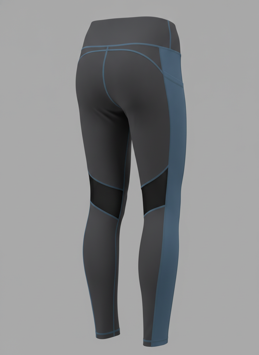 Charcoal grey performance leggings photographed from a three quarter rear angle, a slate blue panel running down the outside of the leg, blue flatlock stitching marking every panel edge, a curved seam across the seat and a black mesh insert behind each knee sitting at slightly different heights on the two legs