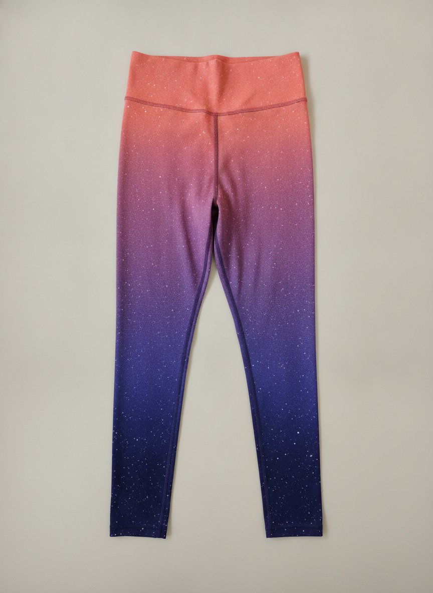 Leggings laid flat and folded once at the hip on a bone coloured surface, printed with an engineered gradient running from warm coral at the waistband through violet to deep indigo at the ankles, scattered with fine white speckles that grow denser towards the hem