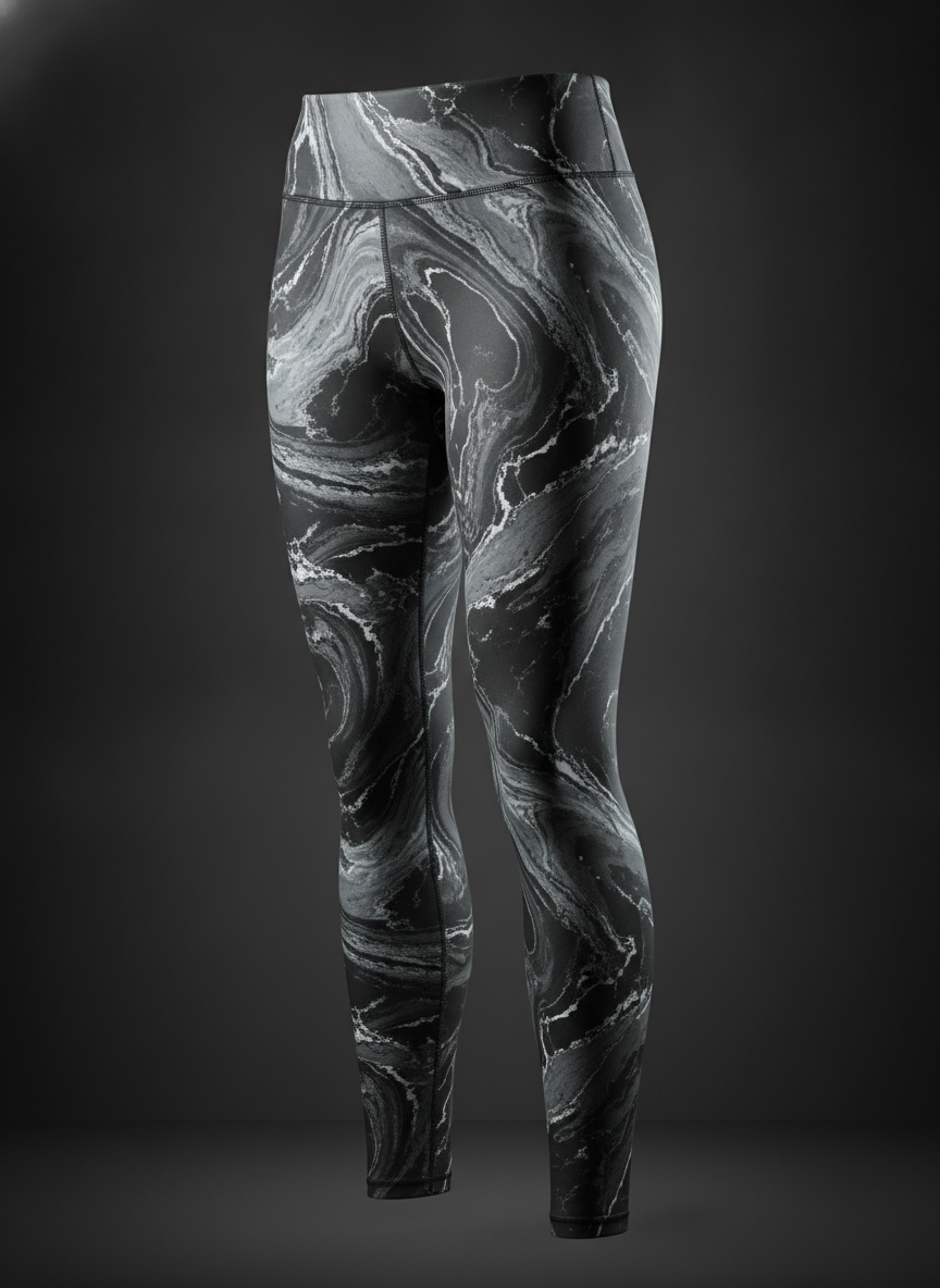 Marble print leggings on an invisible ghost mannequin against a dark graduated background, ink black, storm grey and pearl white veining pouring continuously over the hip and down the thigh with one long satin highlight along the front of the leg
