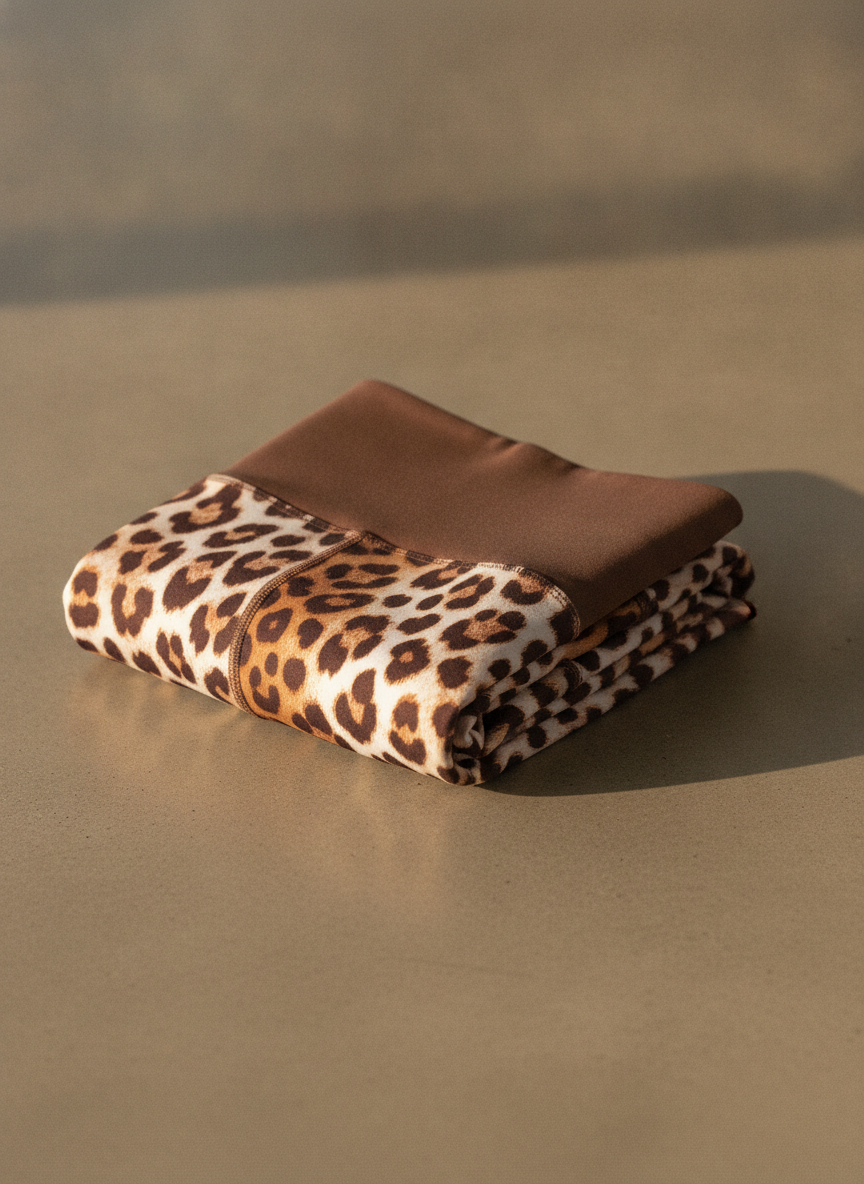 Leopard print leggings folded into a neat rectangle on a warm concrete surface in raking daylight, the cocoa brown waistband turned over to show its plain inner face, the rosettes on the lower fold printing noticeably smaller than those on the top layer