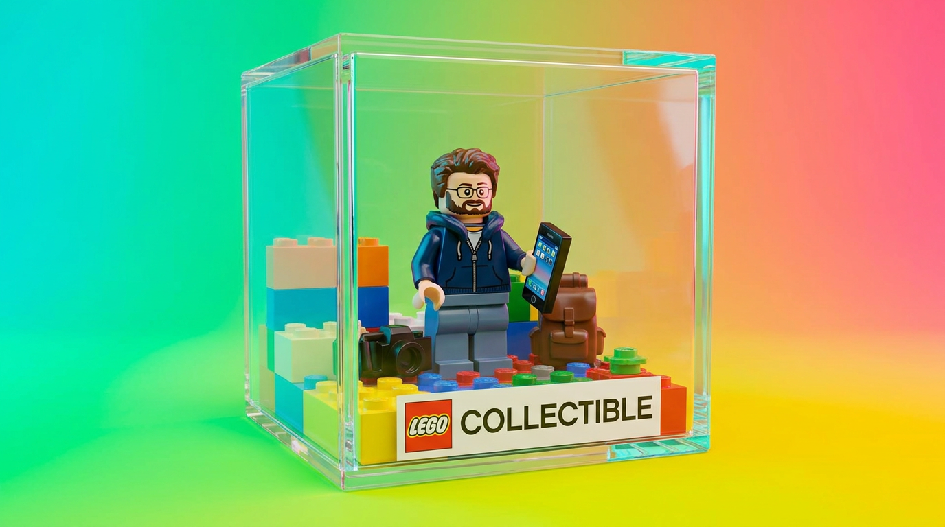 AI LEGO generator result — a person turned into a boxed LEGO-style minifigure with a name label and brick accessories