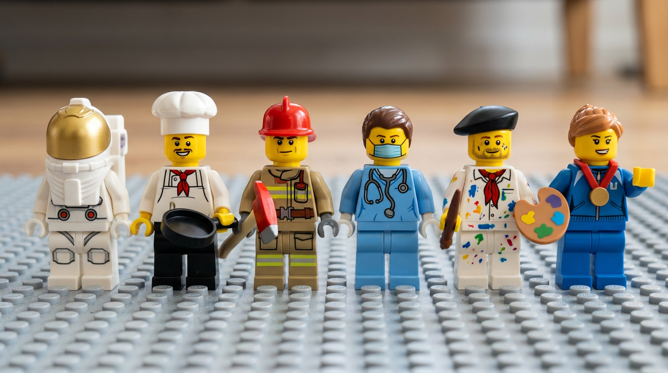 LEGO-style minifigure of a bearded man posed on a brick baseplate diorama made by the AI LEGO generator