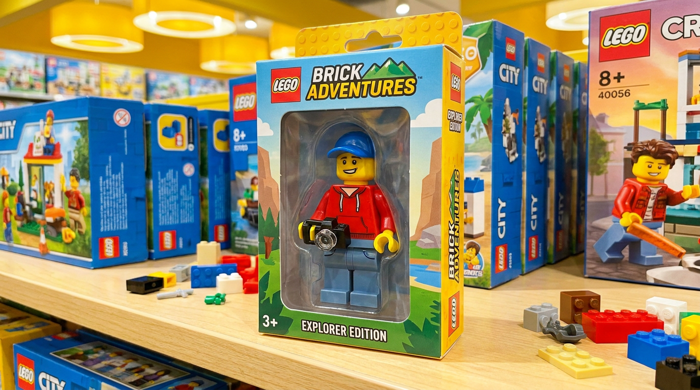 Before and after — a casual selfie transformed into a boxed LEGO-style minifigure toy by the AI LEGO generator