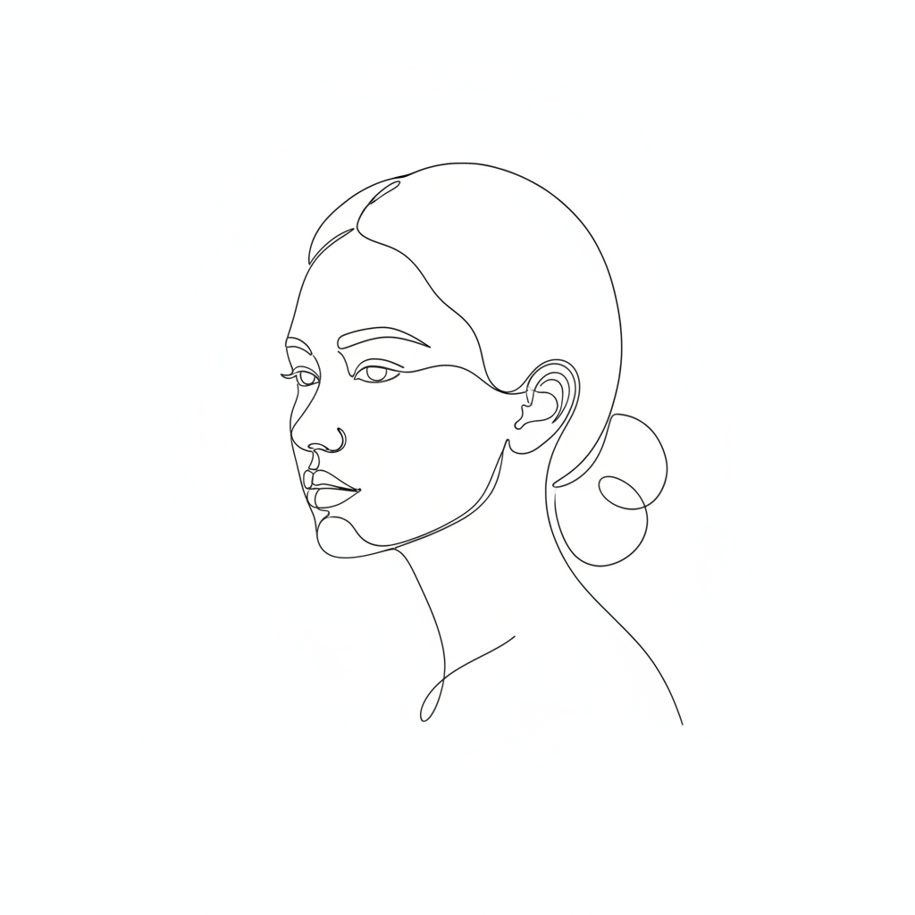 AI line art generator output — single continuous one-line drawing of a woman’s face in profile, clean black line on white background, minimalist line art