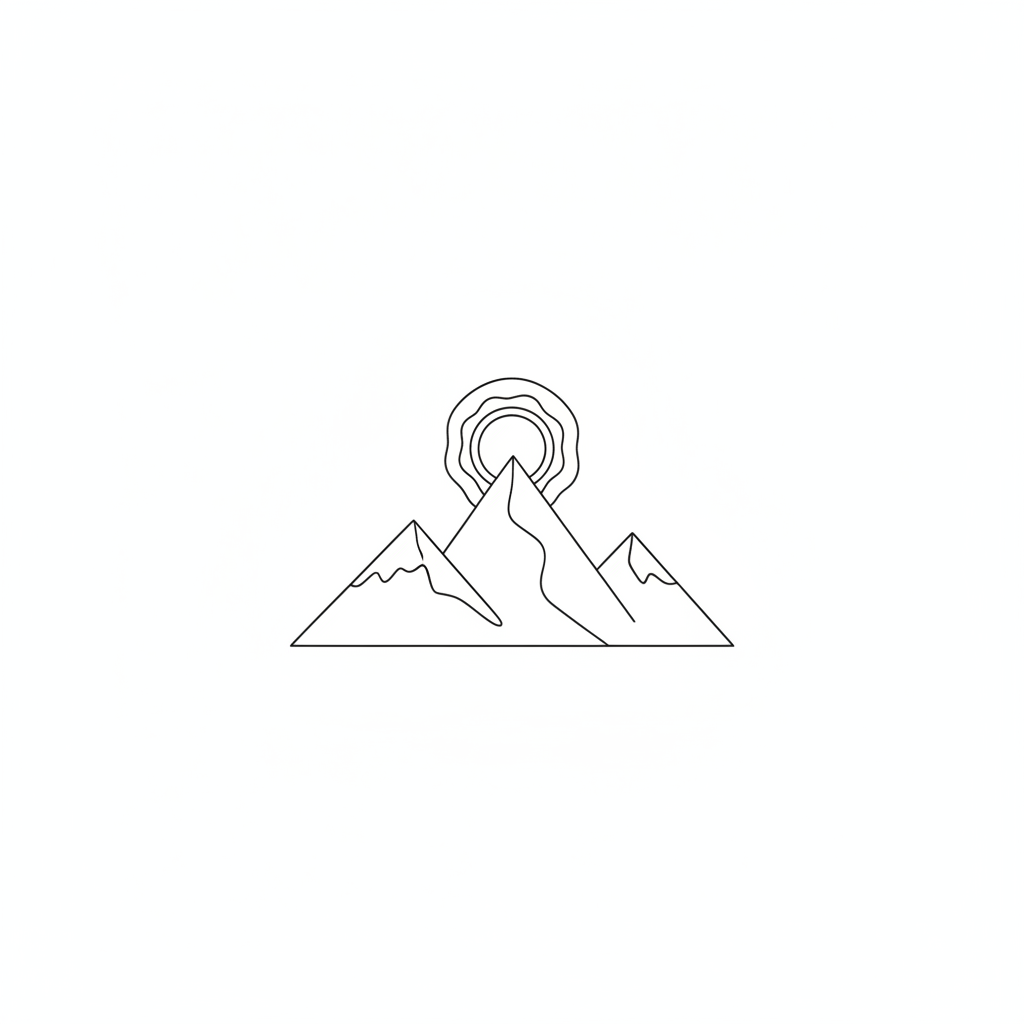 AI line art generator output — minimalist line art of a mountain landscape with sun, clean thin black outlines on white background, line drawing generator output