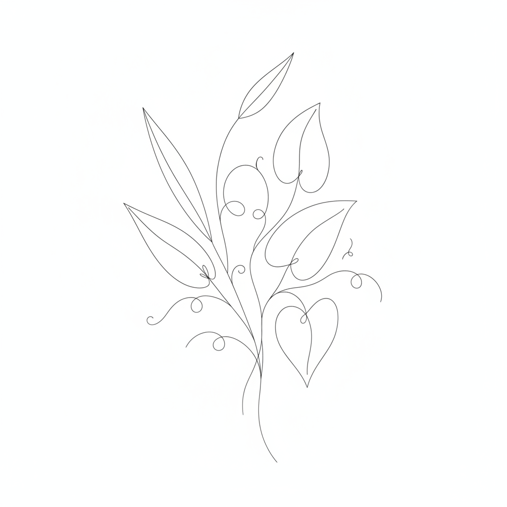 AI line art generator output — botanical leaf and plant line drawing, delicate single-weight black outlines on white background, minimalist line art illustration