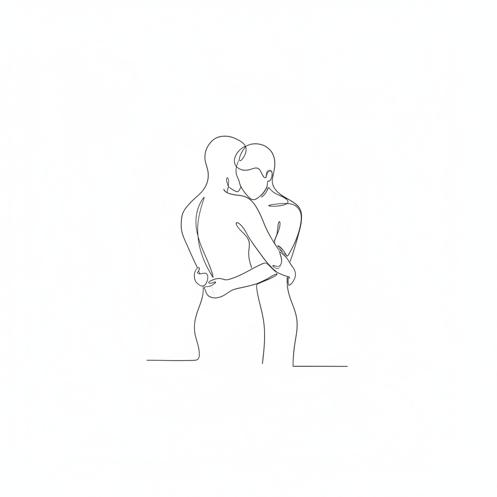 AI line art generator output — abstract one-line drawing of a couple embracing, continuous single line on white background, single line art generator output