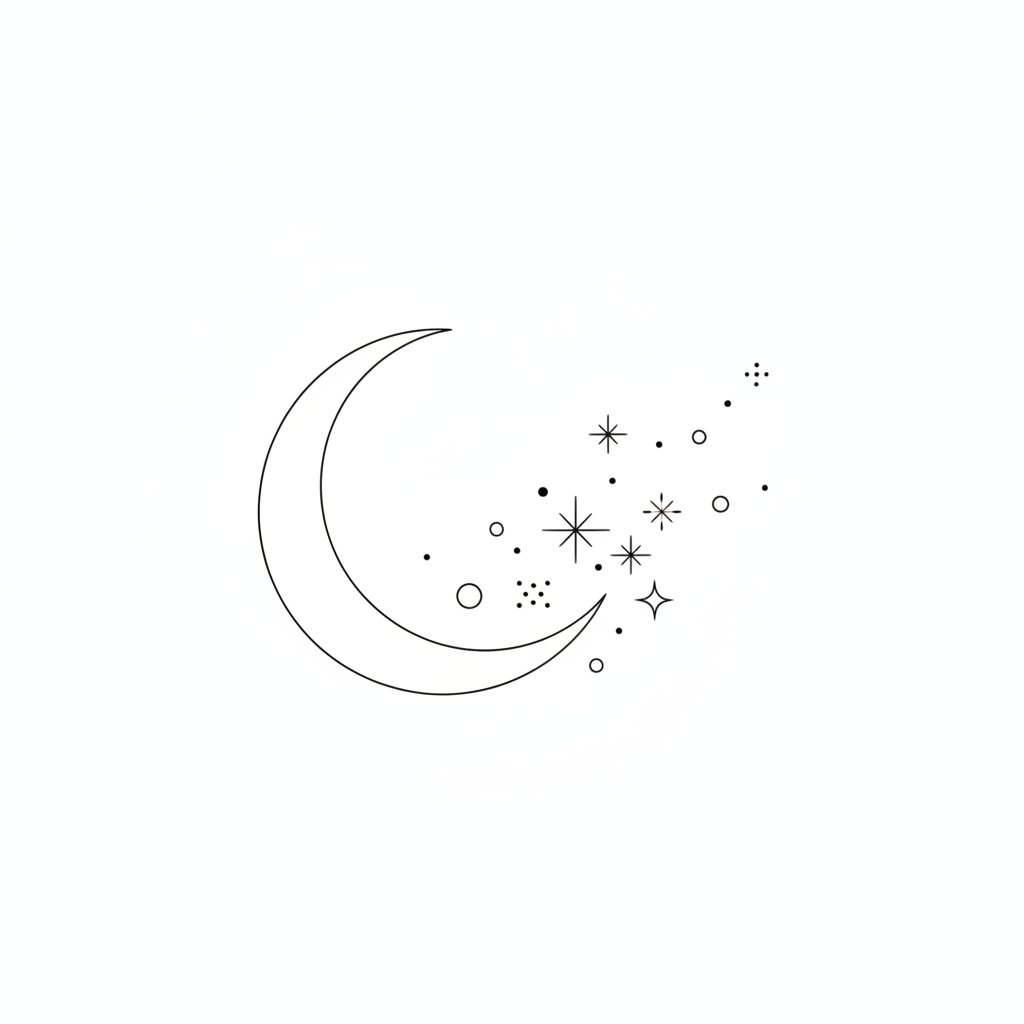 AI line art generator output — minimalist line art tattoo design of a crescent moon and stars, clean fine black linework on white background, outline art generator output