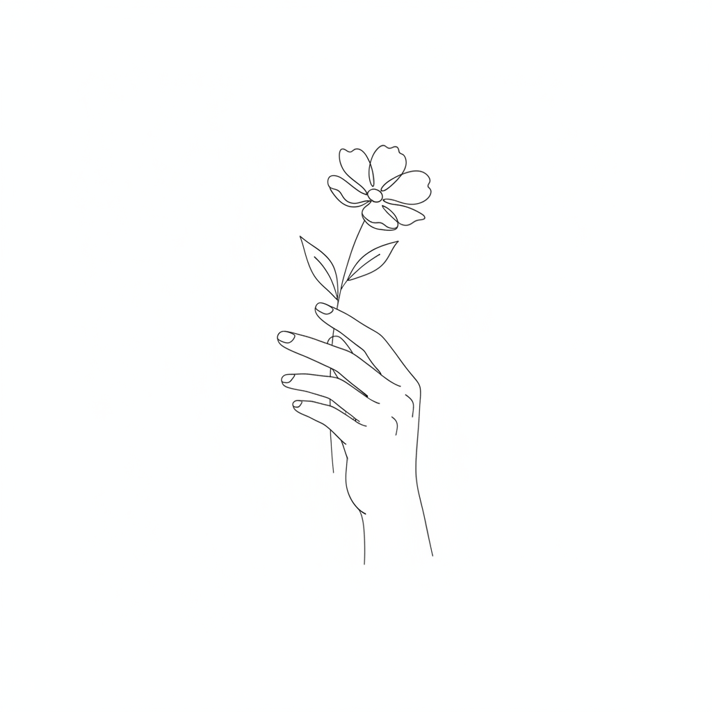 AI line art generator output — line drawing of a hand holding a flower, minimalist single-weight black contour lines on white background, line art maker output
