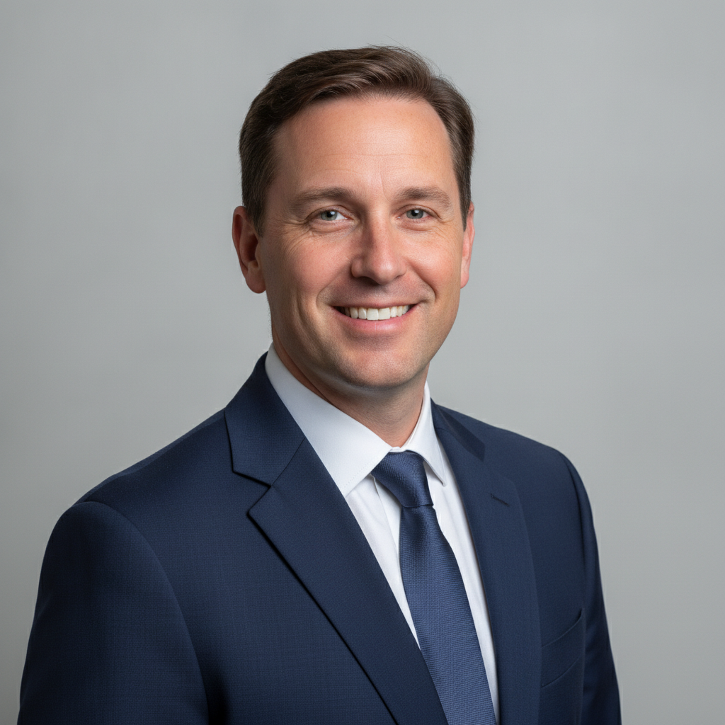 AI LinkedIn photo generator result showing a selfie turned into a professional studio LinkedIn headshot in a navy suit on a light gray background with the real face kept recognizable