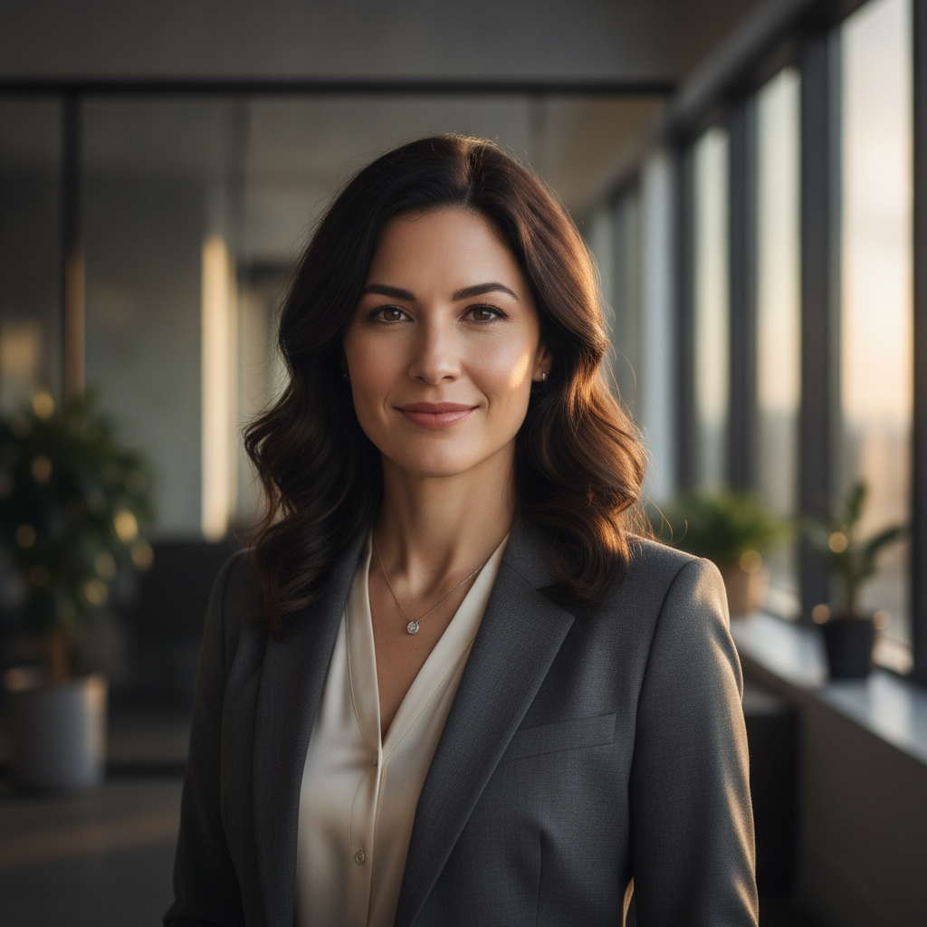 AI LinkedIn photo generator result showing a businesswoman in a blazer with a softly blurred modern office background and warm window light, polished corporate headshot, real face kept recognizable
