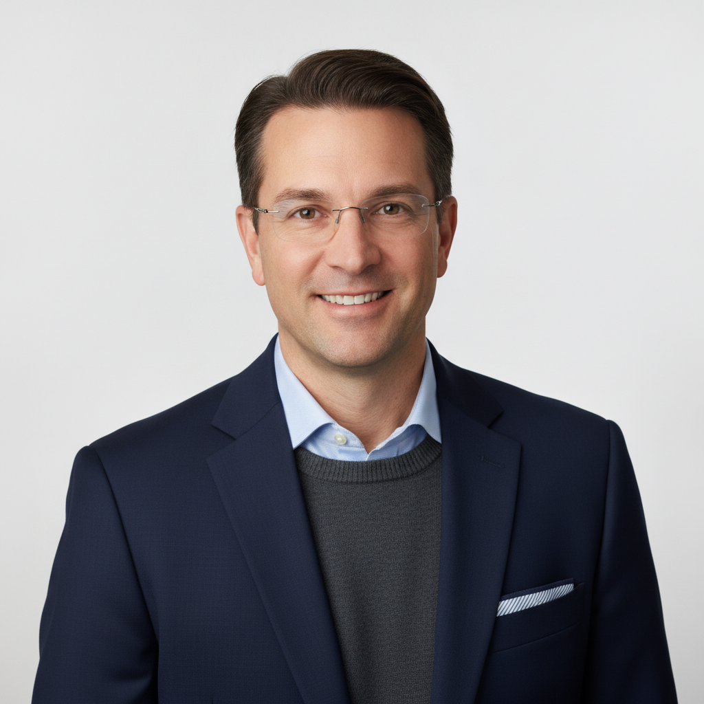 AI LinkedIn photo generator result showing a clean business-casual LinkedIn headshot on a neutral white background with even soft studio lighting and a natural professional smile