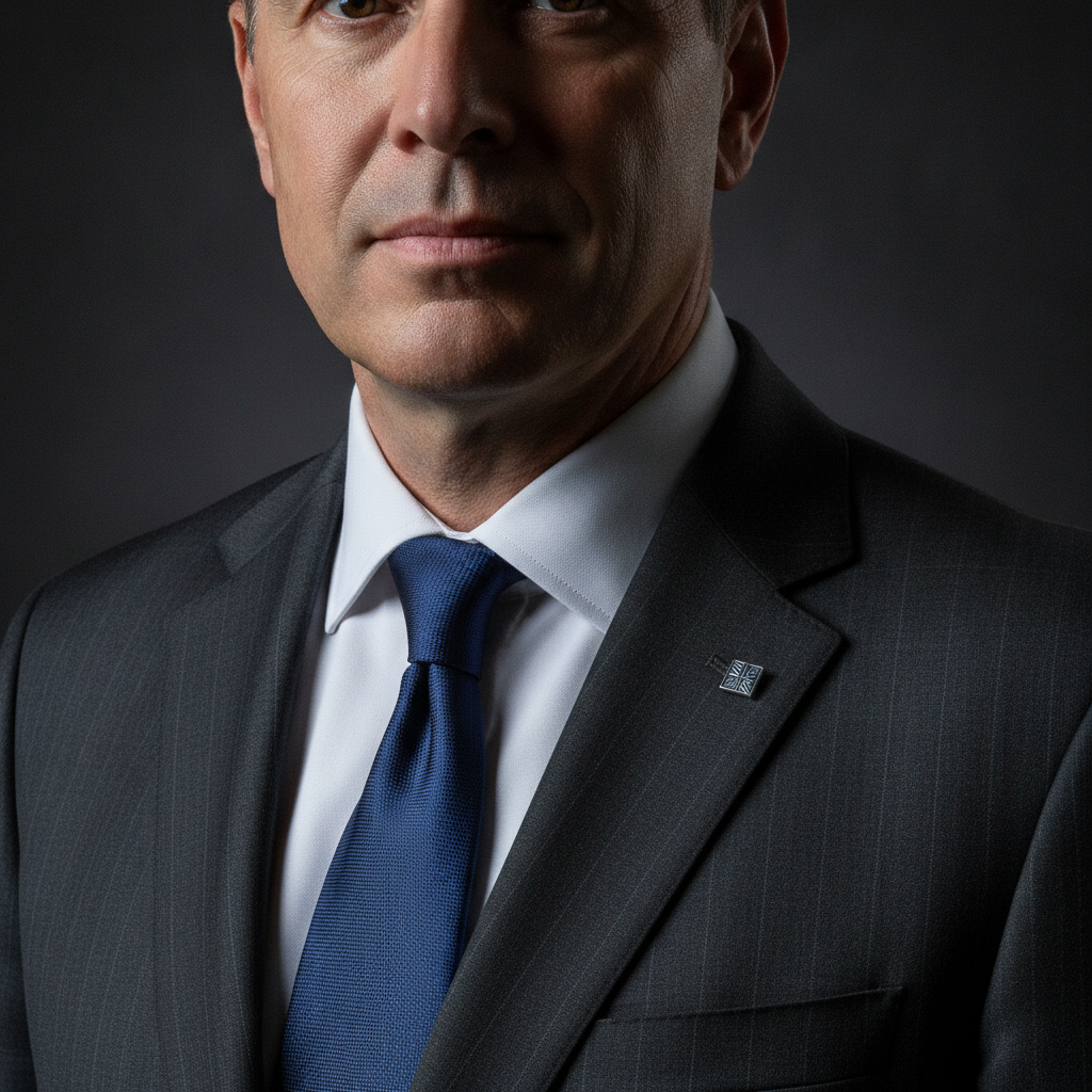 AI LinkedIn photo generator result showing an executive LinkedIn portrait in a dark tailored suit with dramatic professional lighting and a charcoal gradient background, real face kept recognizable