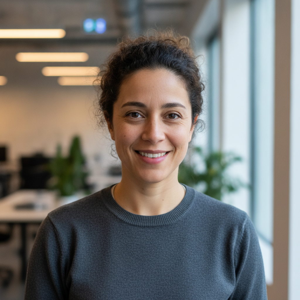 AI LinkedIn photo generator result showing a tech professional LinkedIn headshot in a crew-neck sweater with a bright modern startup office bokeh background and a friendly genuine smile