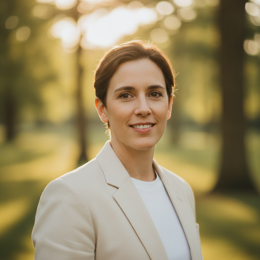 AI LinkedIn photo generator result showing an outdoor professional LinkedIn photo in a light blazer with a soft green park bokeh background and warm golden-hour lighting, real face kept recognizable