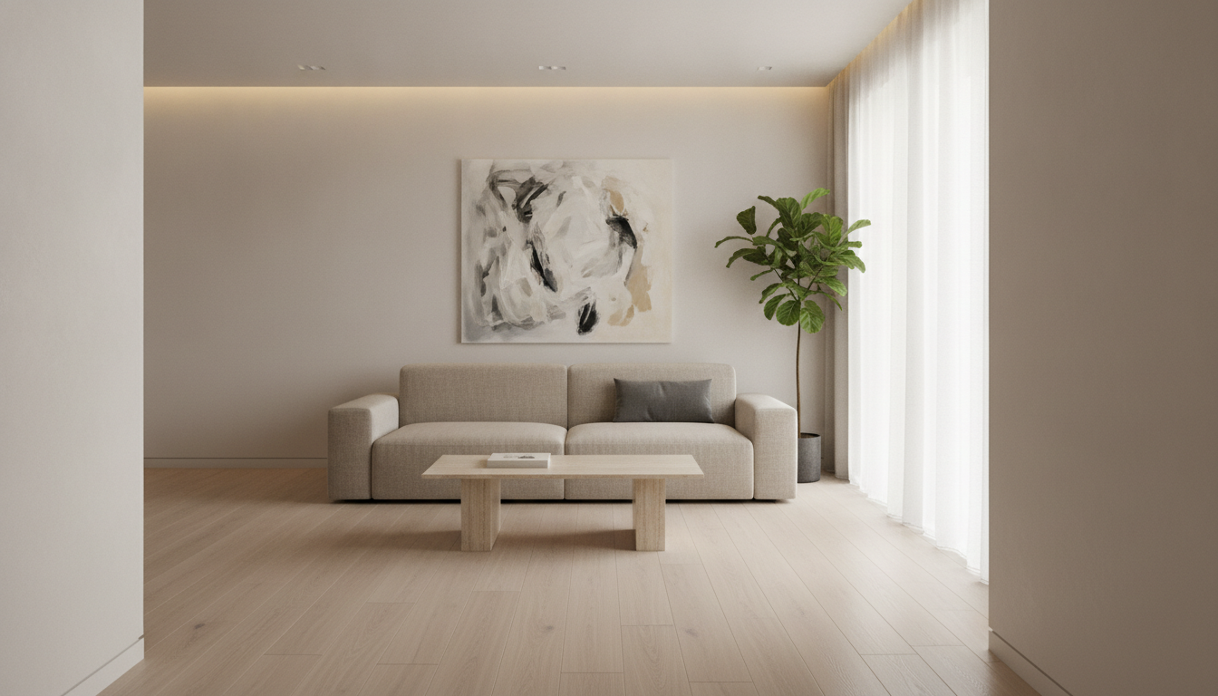 AI living room design generator result in a modern minimalist style: off-white plaster walls, a wide pale oak floor, a low sand-coloured linen sofa with one charcoal cushion, a slim travertine coffee table and a fiddle leaf fig beside a tall window with sheer linen curtains