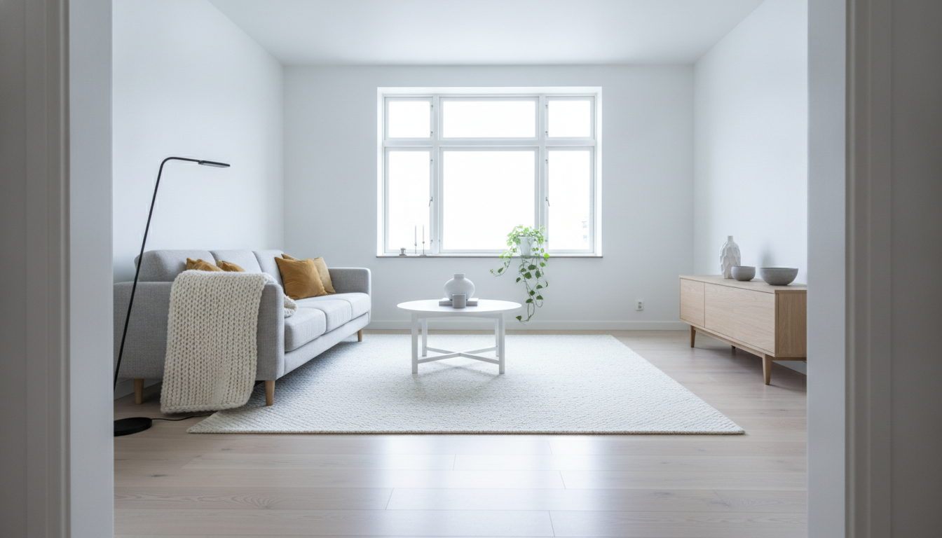 Scandinavian living room design generated by AI: crisp white walls, blonde ash floorboards, a light grey sofa with a cream knit throw and mustard cushions, a round white oak coffee table on a soft wool rug, a slim black tripod floor lamp and a light oak sideboard