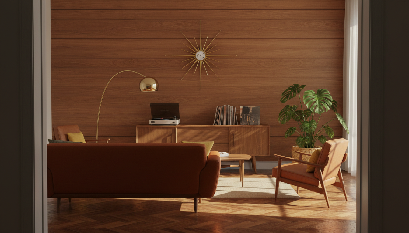 Mid-century modern living room from the AI living room design generator: a warm walnut panelled wall, herringbone parquet floor, a burnt-orange sofa on splayed wooden legs, a brass starburst wall clock, an arc floor lamp and a walnut credenza with a record player