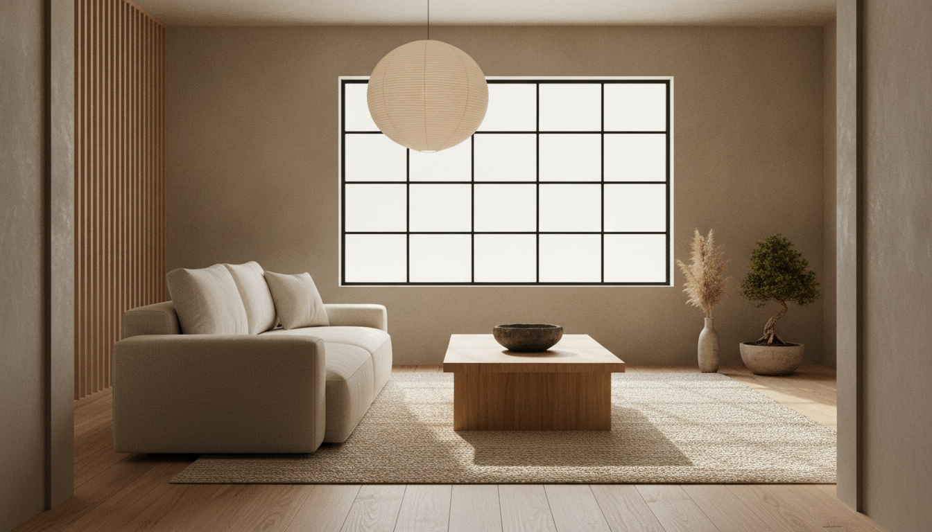 Japandi living room designed with AI: warm greige limewashed walls, an oak floor with a pale jute rug, a low oatmeal linen sofa, a solid oak plinth coffee table with a dark ceramic bowl, a slatted oak screen and a paper globe pendant light