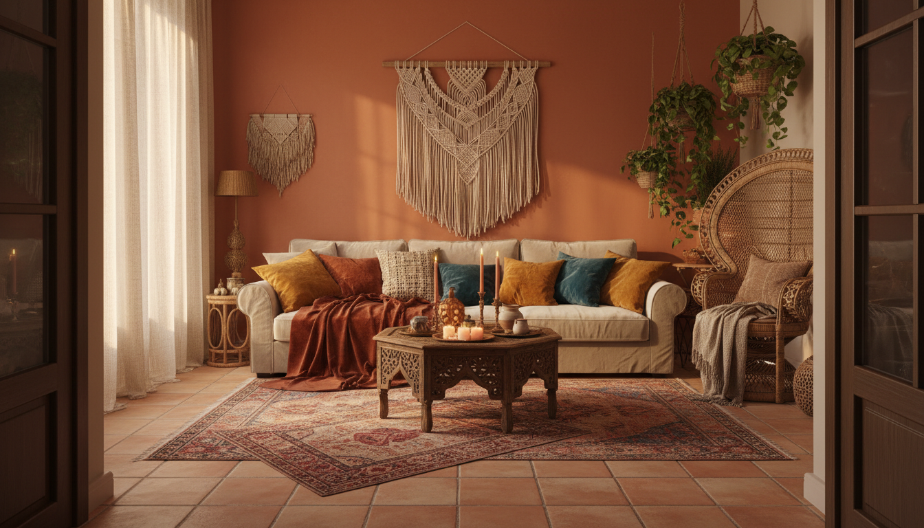 Bohemian living room created by the AI living room design generator: a terracotta feature wall, a faded Persian rug over terracotta tiles, a cream sofa layered with rust and teal patterned cushions, a carved wooden coffee table, a large macrame hanging and a rattan peacock chair