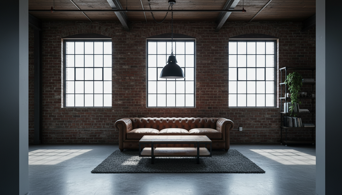Industrial loft living room generated by AI: exposed red brick walls, a polished concrete floor, tall black crittall-style factory windows, a cognac leather chesterfield sofa, a reclaimed timber coffee table and an oversized black dome pendant light