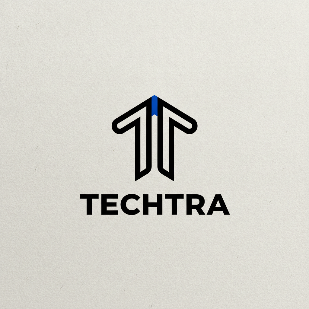 AI logo generator result showing a minimalist modern tech logo with a clean geometric mark, simple lines, and a bold sans-serif wordmark in monochrome with a single accent color