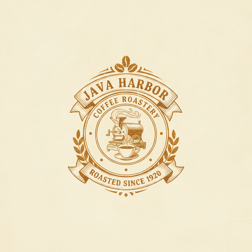 AI logo generator result showing a vintage retro badge logo with hand-drawn emblem style, classic serif typography, a circular crest with a banner ribbon, and warm amber and cream tones