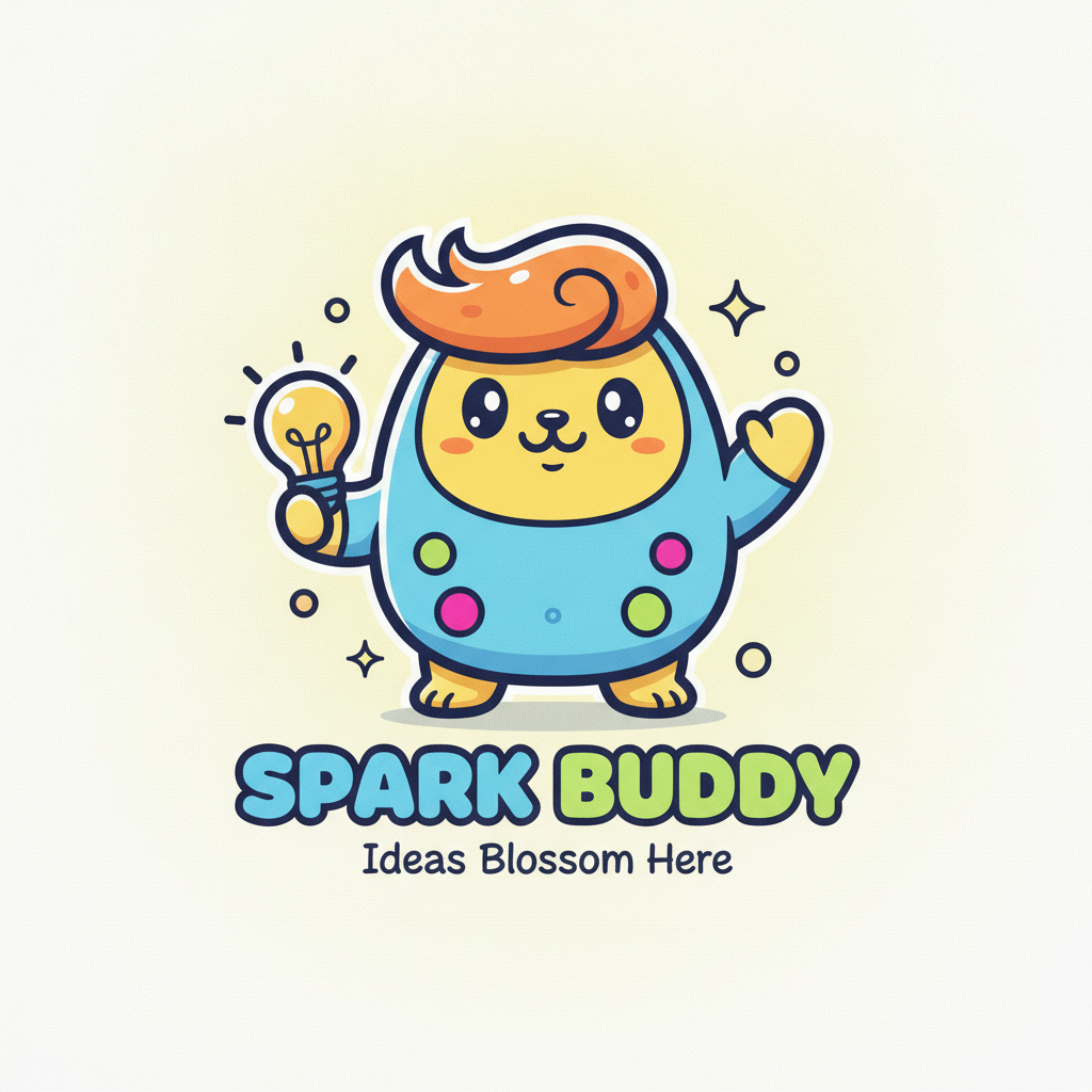 AI logo generator result showing a playful cartoon mascot logo with a cute friendly character, rounded shapes, a vibrant colorful palette, and a bold outline for a startup brand