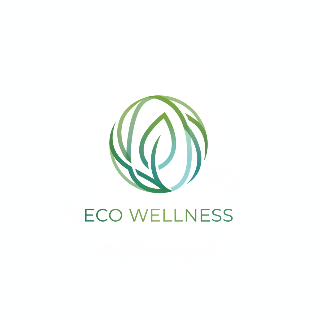 AI logo generator result showing a nature organic logo with a leaf and circle mark, flowing lines, a calm green and teal palette, and a thin elegant wordmark for an eco wellness brand