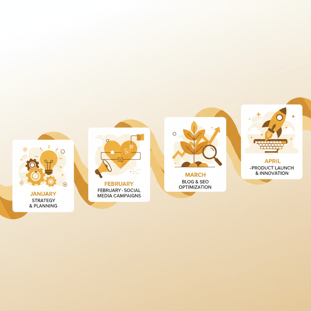AI long-term image creation — a content calendar of matching branded illustrations spanning months, created with the AI long-term image creation tool