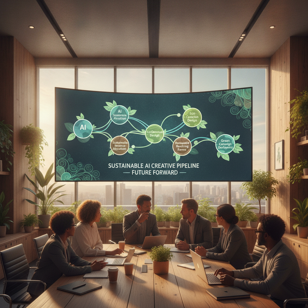 AI long-term image creation — a sustainable AI creative pipeline reviewed on a large screen with a cohesive art style, generated by the AI long-term image creation tool