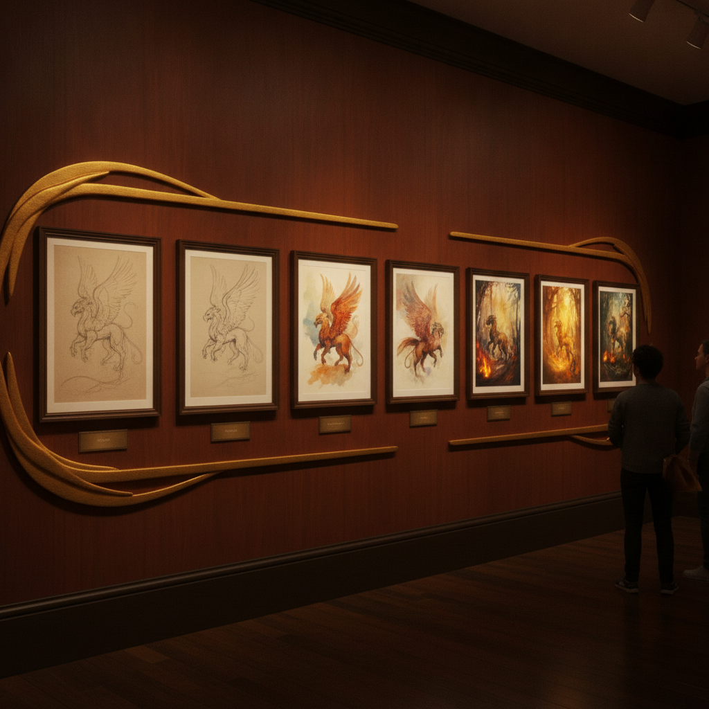 AI long-term image creation — an evolving art style timeline showing consistent visual growth in rich warm colors, made with the AI long-term image creation tool