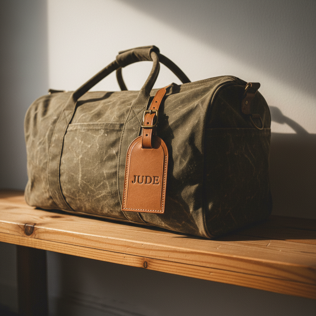 Tan vegetable-tanned leather luggage tag with the name JUDE debossed into it in capitals, buckled on a tan leather strap to the handle of a weathered olive waxed-canvas duffel bag on a scrubbed pine bench