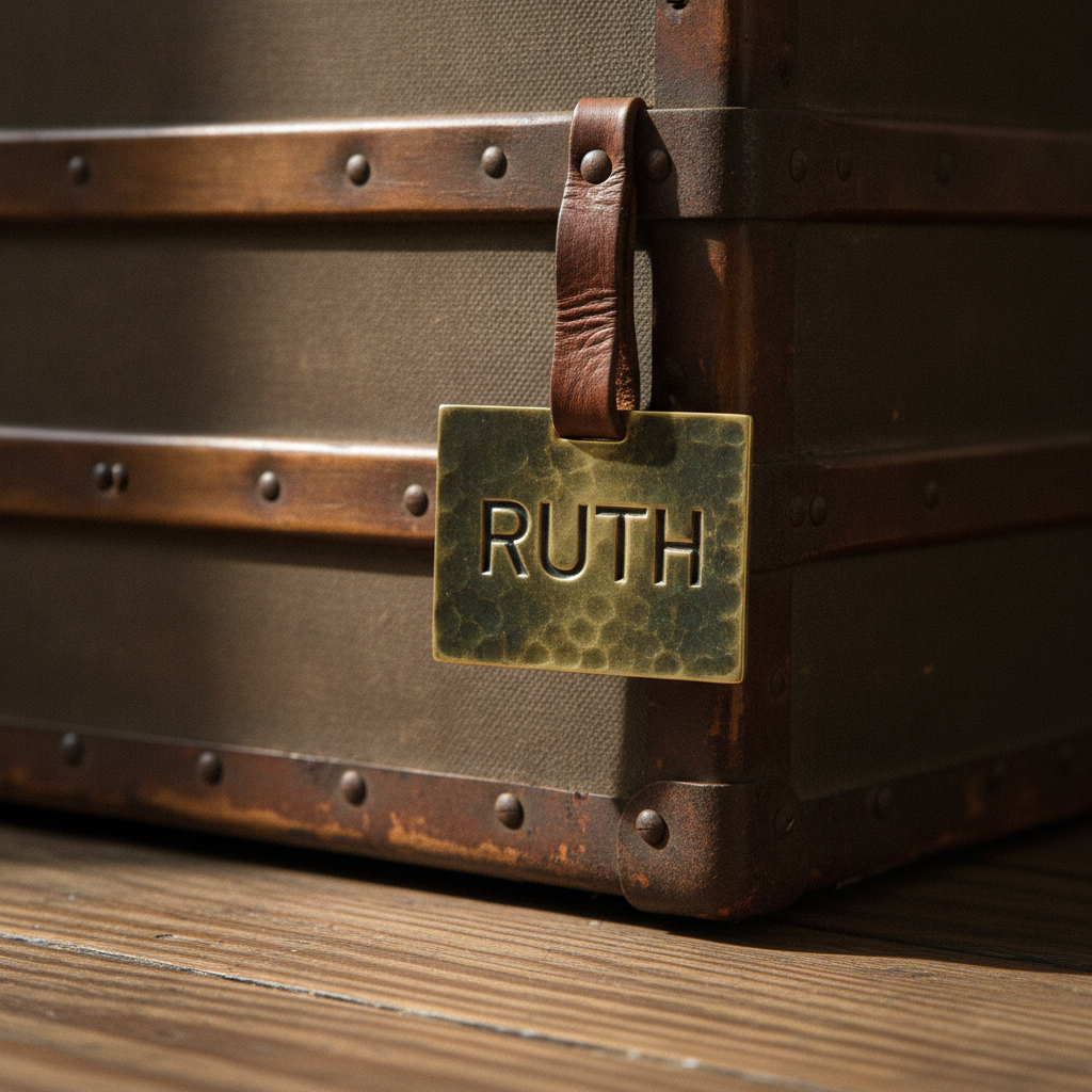 Solid brass luggage tag with the name RUTH engraved in capitals, hanging from a cognac leather loop on the corner of a battered vintage steamer trunk with rubbed corners and wooden battens