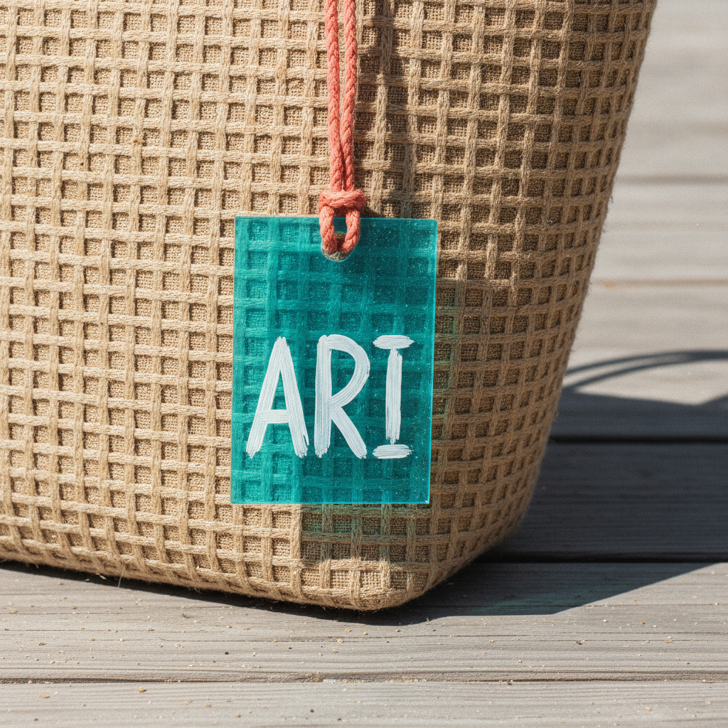 Bright turquoise translucent acrylic luggage tag with the name ARI hand-painted in white capitals, tied with coral cord to a chunky basket-weave natural fibre beach bag on sun-bleached decking