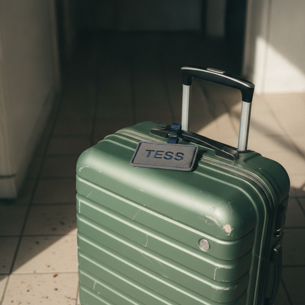 Grey woven fabric luggage tag with the name TESS embroidered in navy sans-serif capitals, strapped to the telescopic handle of a scuffed ribbed sage-green hard-shell suitcase standing in a sunlit tiled hallway