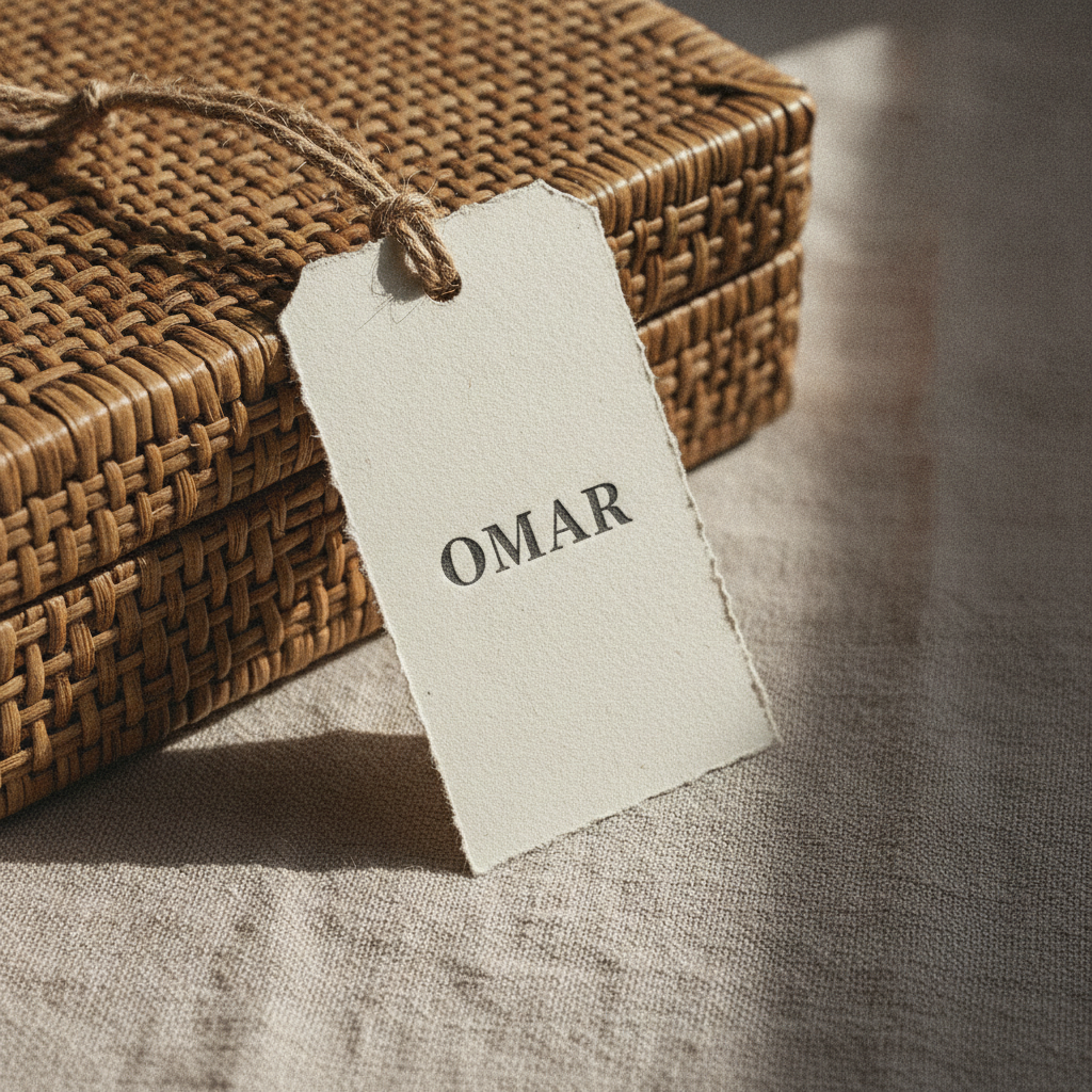 Cream cotton-rag card luggage tag with a deckled edge and the name OMAR letterpressed in charcoal ink capitals, tied with coarse jute twine to the lid of a woven rattan case resting on oatmeal linen