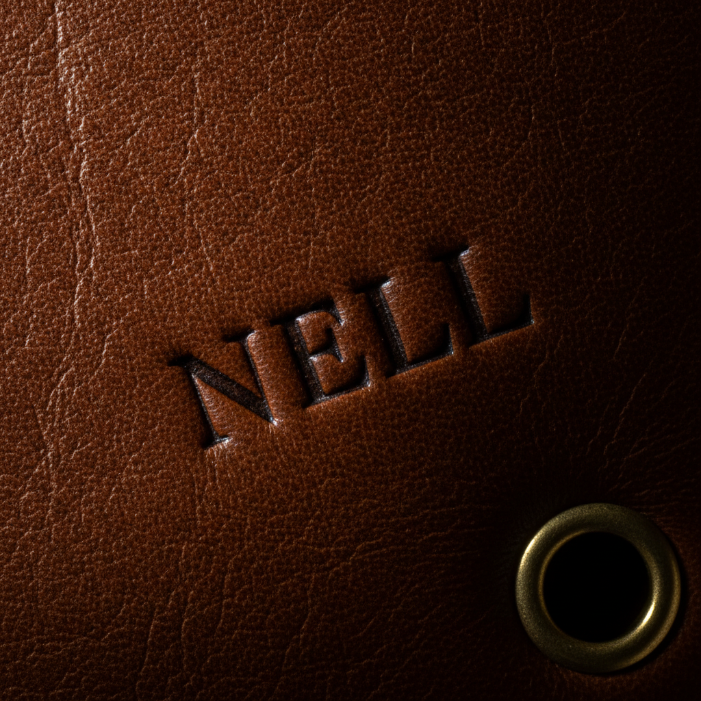 Extreme macro of the name NELL hand-stamped in dark brown capitals into pebble-grain chestnut leather, with a brass-rimmed punched eyelet just visible at one edge of the frame