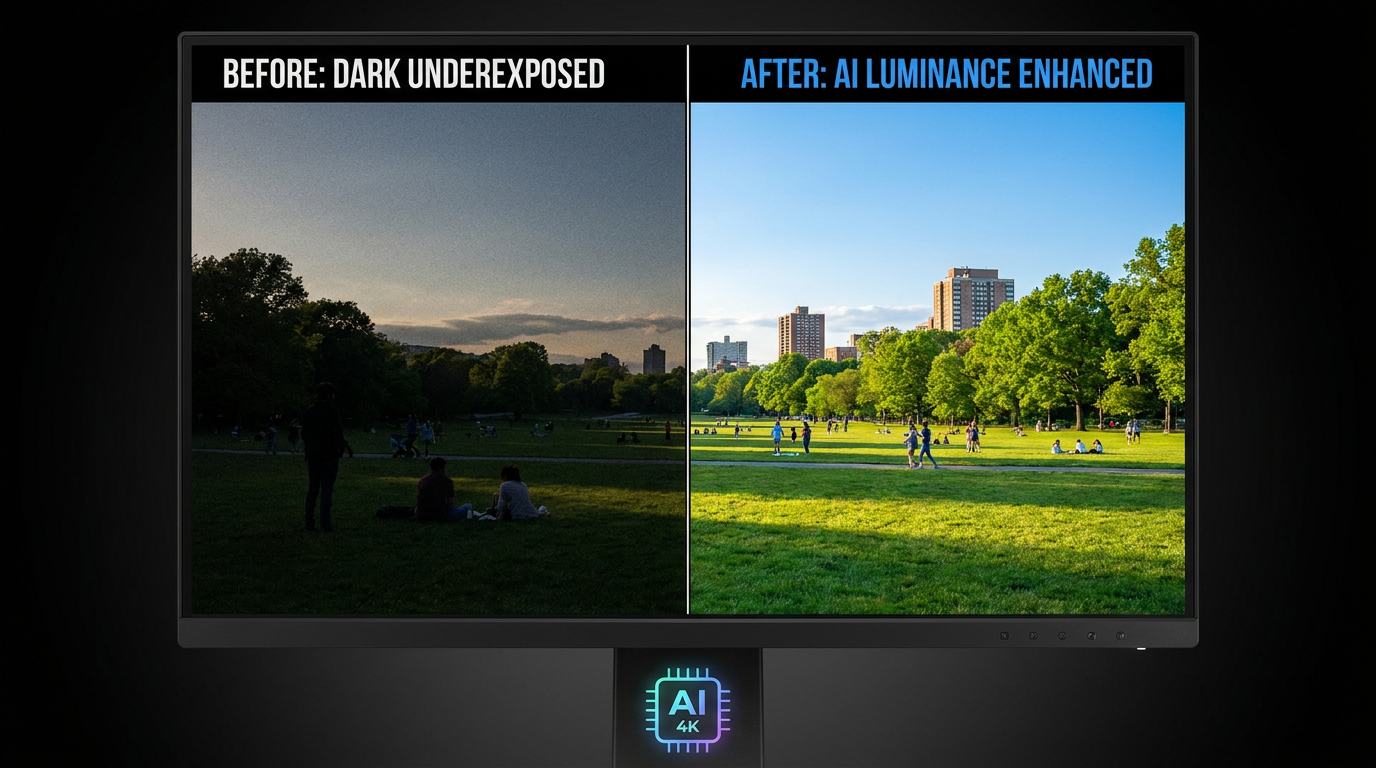 AI luminance enhancement before and after showing a dark underexposed photo transformed into a bright, vibrant image