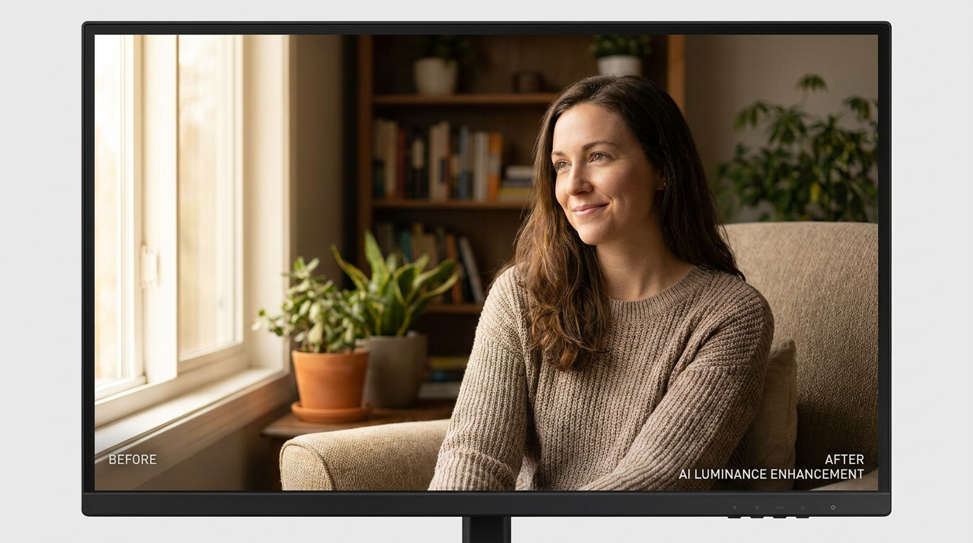 AI luminance enhancement of a dim indoor portrait with brightness and clarity dramatically improved