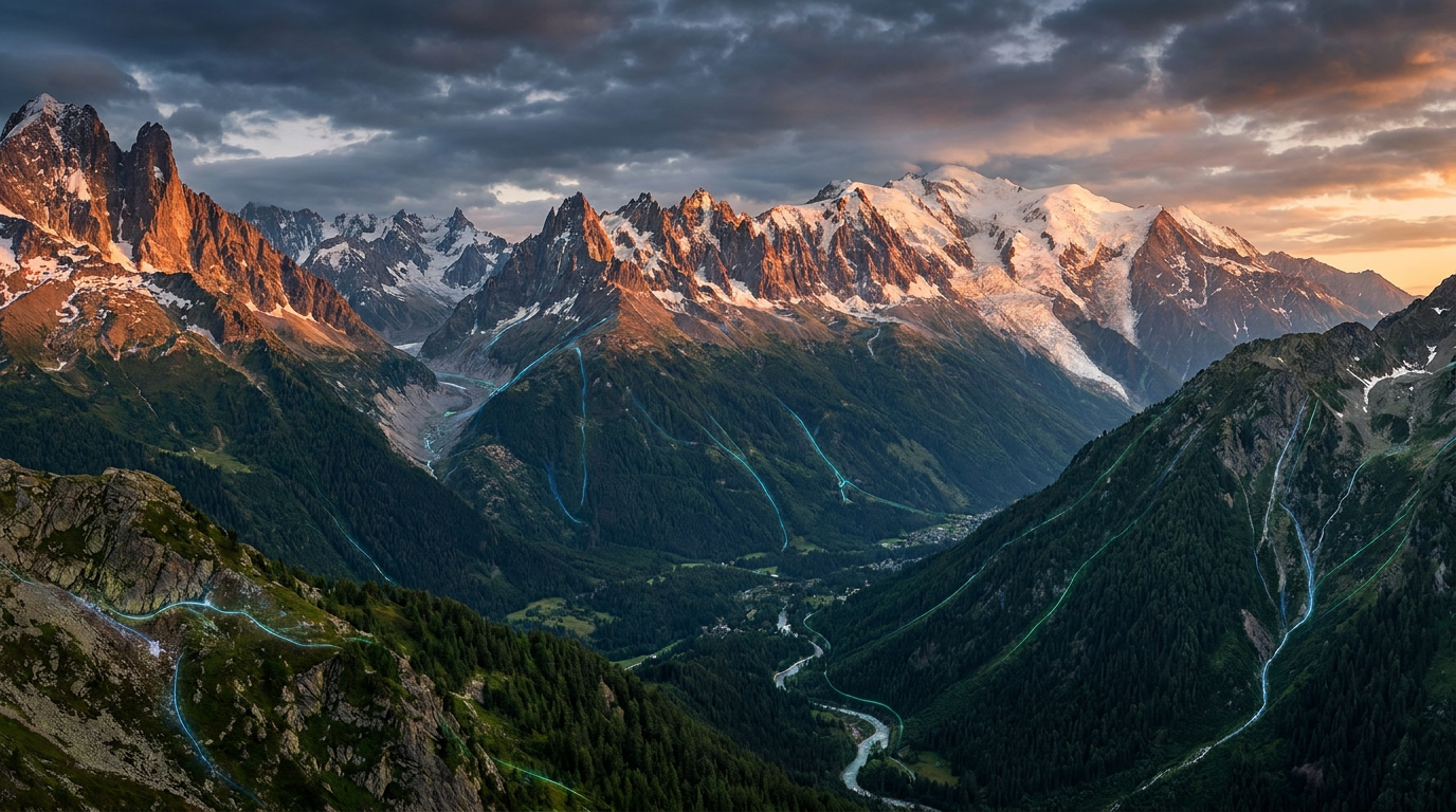 Moody dark mountain landscape enhanced by AI to reveal shadow detail with balanced luminance