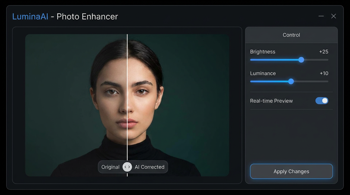 AI photo lighting correction interface with brightness and luminance sliders adjusting a photo