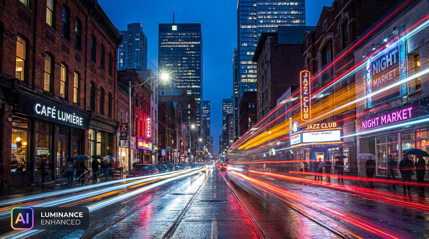 Low-light night cityscape brightened by AI luminance enhancement with crisp clarity and balanced exposure